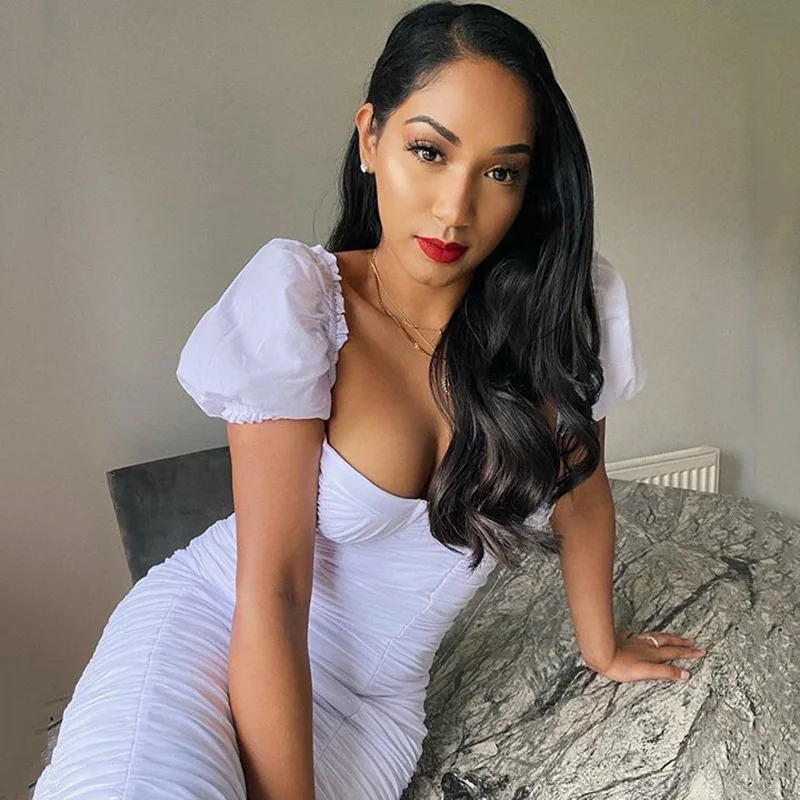 

Женское облегающее платье миди с коротким рукавом, квадратным вырезом и рюшами