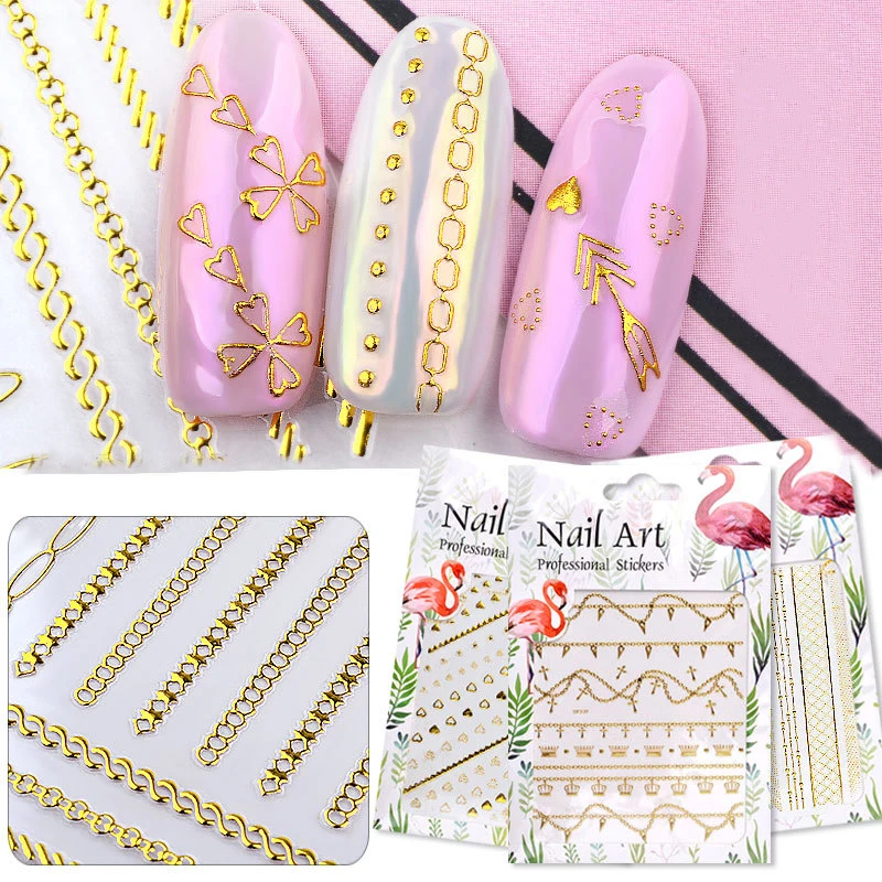 

Nail Stickers Embossed 3D Elegant Golden Chain Zipper Designs Water Nail Decals Decoration Tips For Beauty Salons