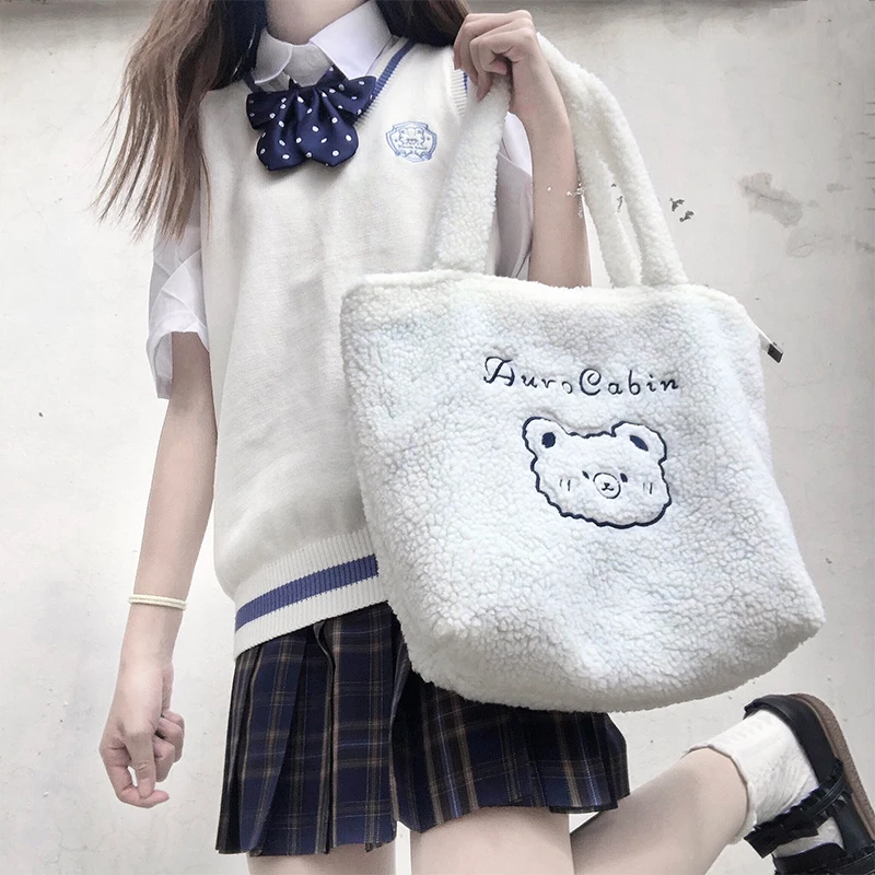 

Милая плюшевая Наплечная Сумка из ягненка для девочки, зимняя Вместительная женская сумка-тоут через плечо, Мультяшные сумки с ручками и ме...
