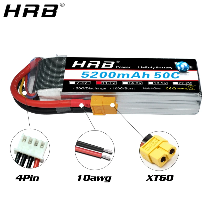 hrb 5200mah 3s 111 v deans t xt60 литий полимерная бат