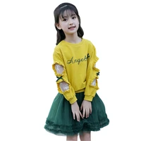 autumn girls sweatshirts skirt suit teen girl clothing sets children letter flower bow topmesh skirt 2pcs kids clothes 6 14year