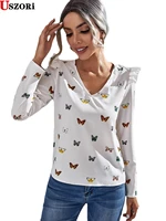 2022 women early spring shirt v neck pullover tops long sleeve butterfly printed chiffon ol commuter ins shirt