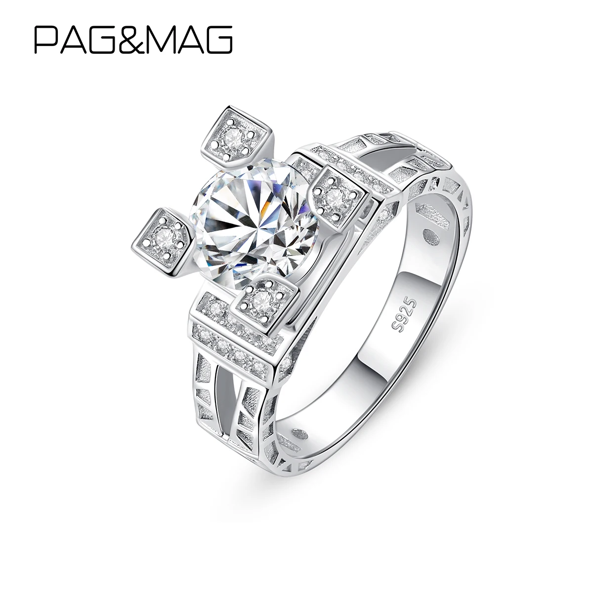 

PAG&MAG 925 Sterling Silver Moissanite Ring 1ct Diamond Jewelry For Women Statement Wedding Band Fashion Ring Anniversary Gift
