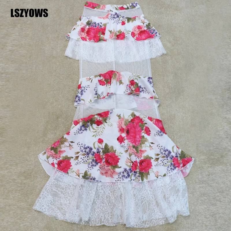 

Sexy Floral Printed Two Piece Set Women Tube Crop Top + See Through Mesh Ruffles Skirt Sets 2 Piece Maxi Dress Party Club Outfit
