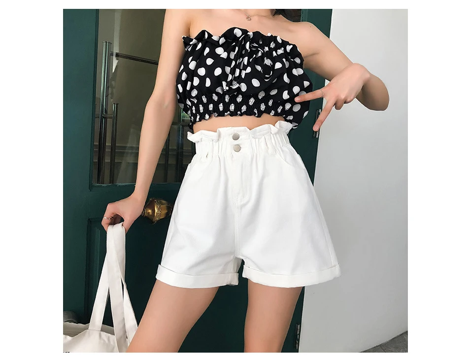 

Plus Size Summer Black Women's Denim Shorts Large Size 5Xl Harem Ruffle White High Waisted Shorts Elastic Waist Jeans for Women