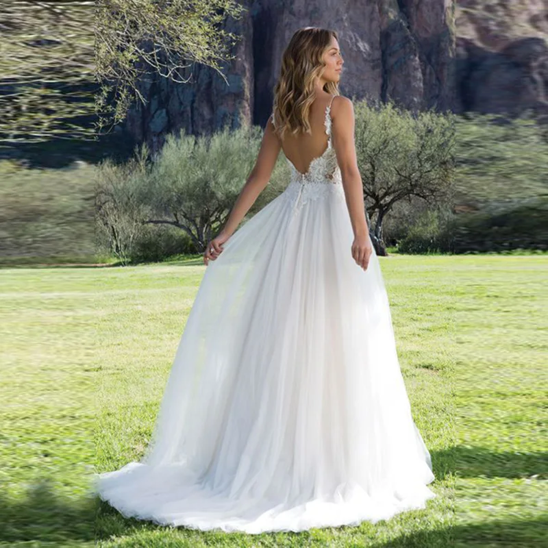 

White/Ivory V-Neck Vestidos de novia Lace Appliques Wedding Dresses Spaghetti Straps Large size Backless Bridalgowns Junoesque