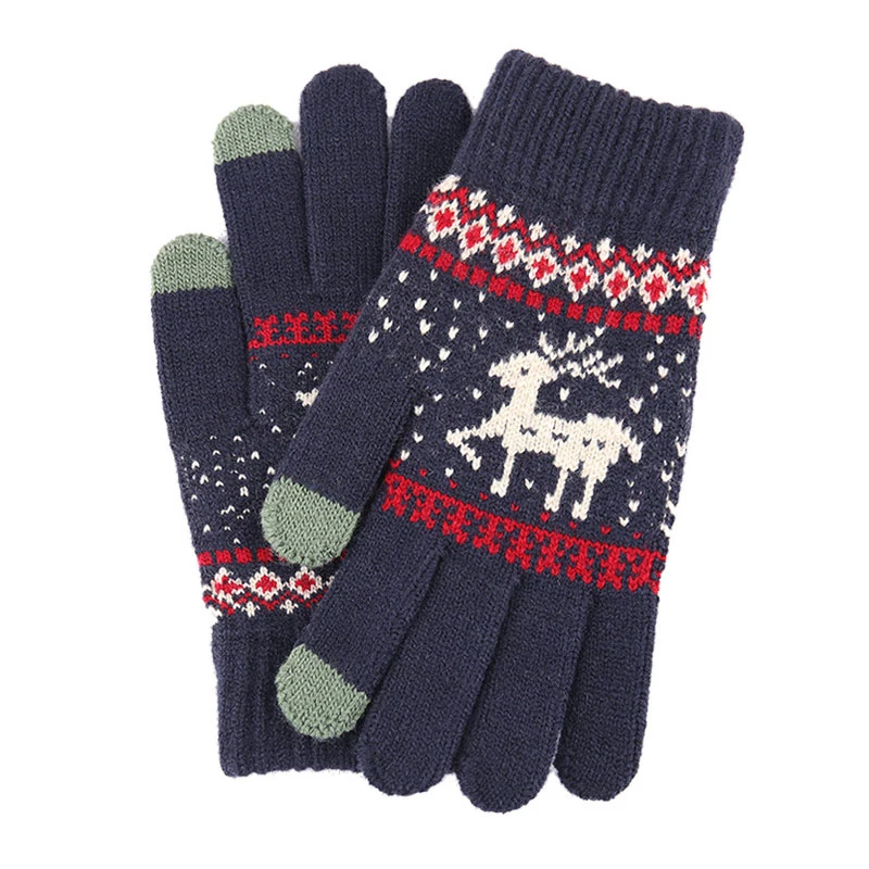 Тёмно-синий Women NEW Christmas Elk Deer Gloves Knitted Thicken Winter Warm Touch Screen Gloves Full Finger Mittens Red Pink Black Gloves - Цвет: Тёмно-синий