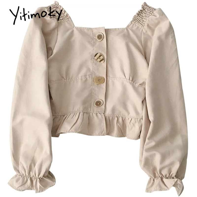 

Yitimoky shirt women Korean Fashion Square Collar Short top Solid vintage long Sleeve top Summer 2021 New Casual Folds LadiesTop