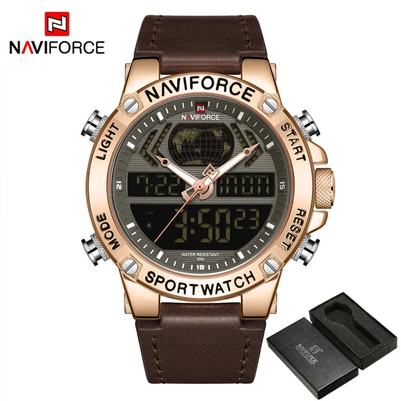 NA916401 with box NAVIFORCE мужские часы цифровые спортивные Топ брендовые роскошные мужские наручные часы военные из натуральной кожи светодиодный кварцевые деловые мужские часы 9164 - Цвет: NA916401 with box