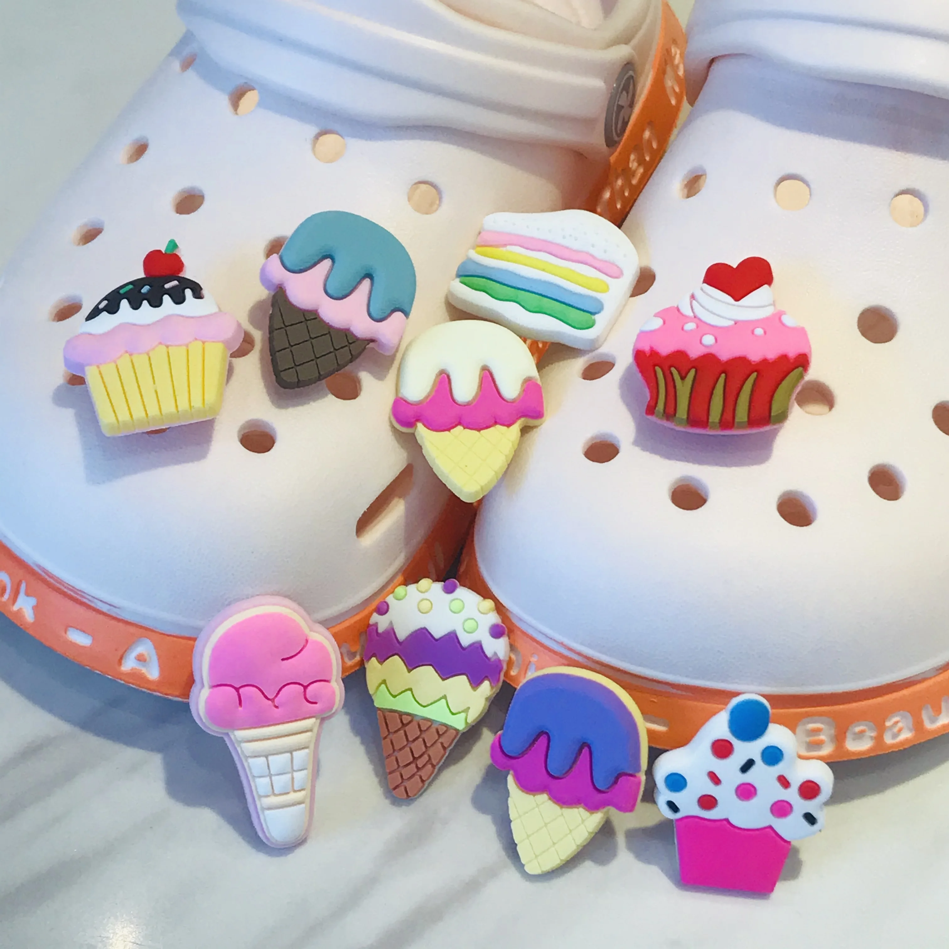 

Wholesale 50Pcs Dessert Ice Cream Cake Shape Shoe Accessories PVC Shoes Buckle Fit Bags Wristband Croc Jibz Girl's Kids Gift