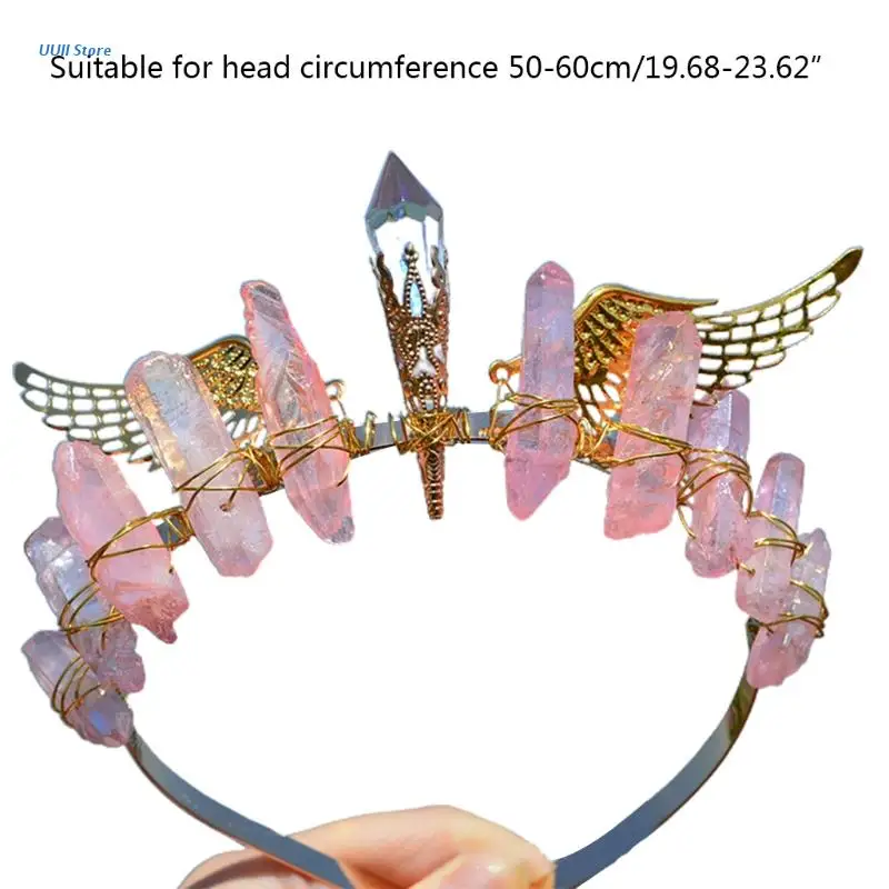 

Colorful Raw Crystal Crown Headband Retro Metal Angel Wing Tiara Halo Hairband
