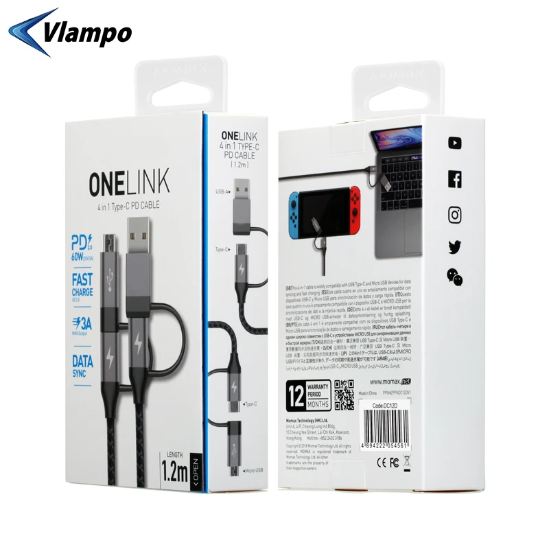 VLAMPO 2020 Новый 4-в-1 PD 3A Type-C к Micro USB быстрая зарядка для Macbook Samsung Note9 S9 Xiaomi Huawei