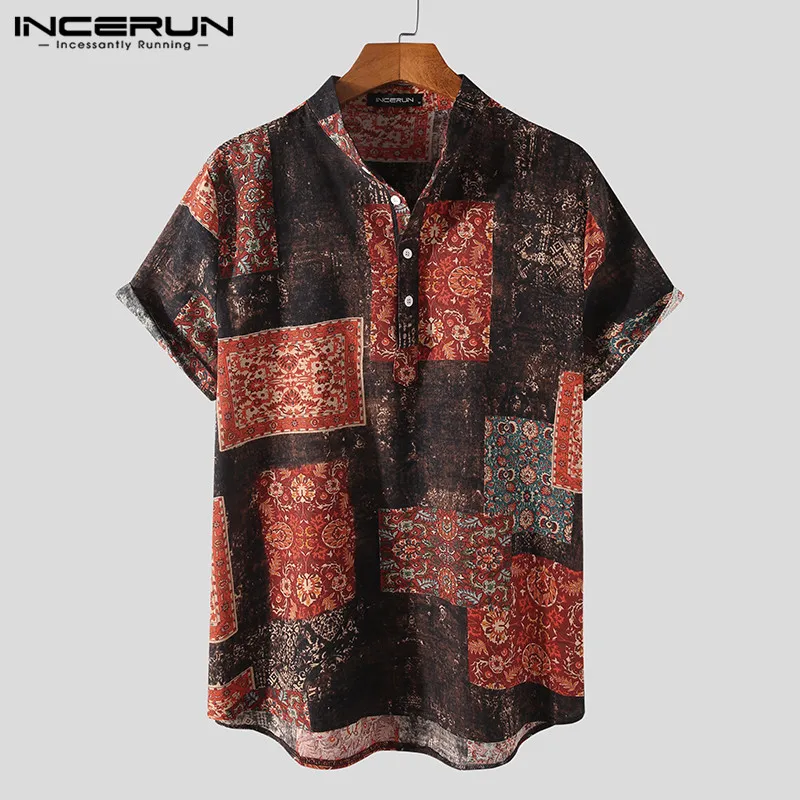 

Vintage Printed Men Shirts Short Sleeve Stand Collar Blouse INCERUN Man Retro Cotton Chemise Loose Buttons Tops Masculina S-3XL