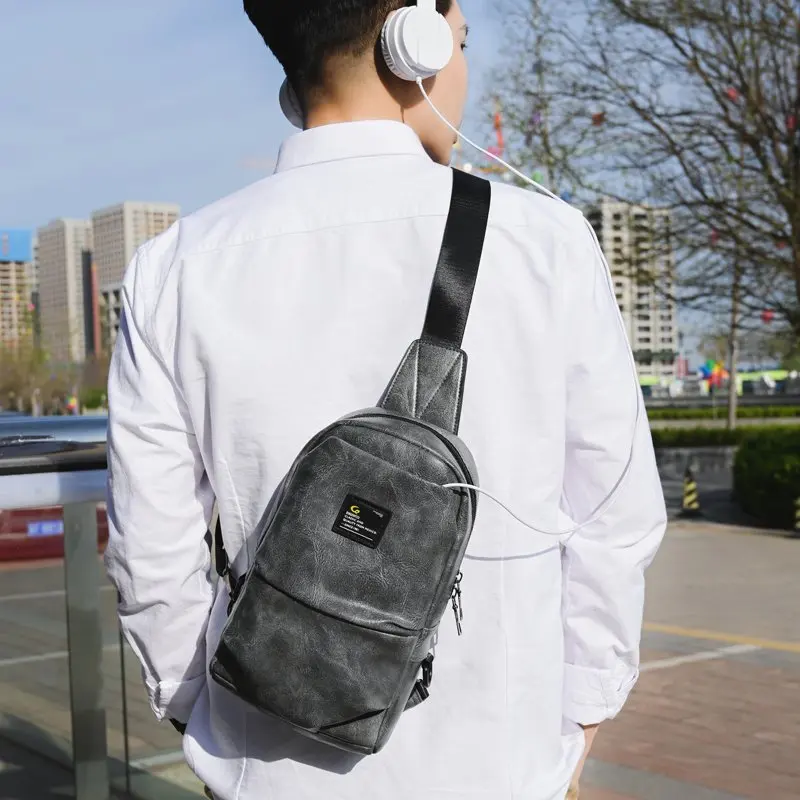 

new men chest bags 3 color pu leather small flap bags casual sling bag shoulder bag multi function usb charge bags