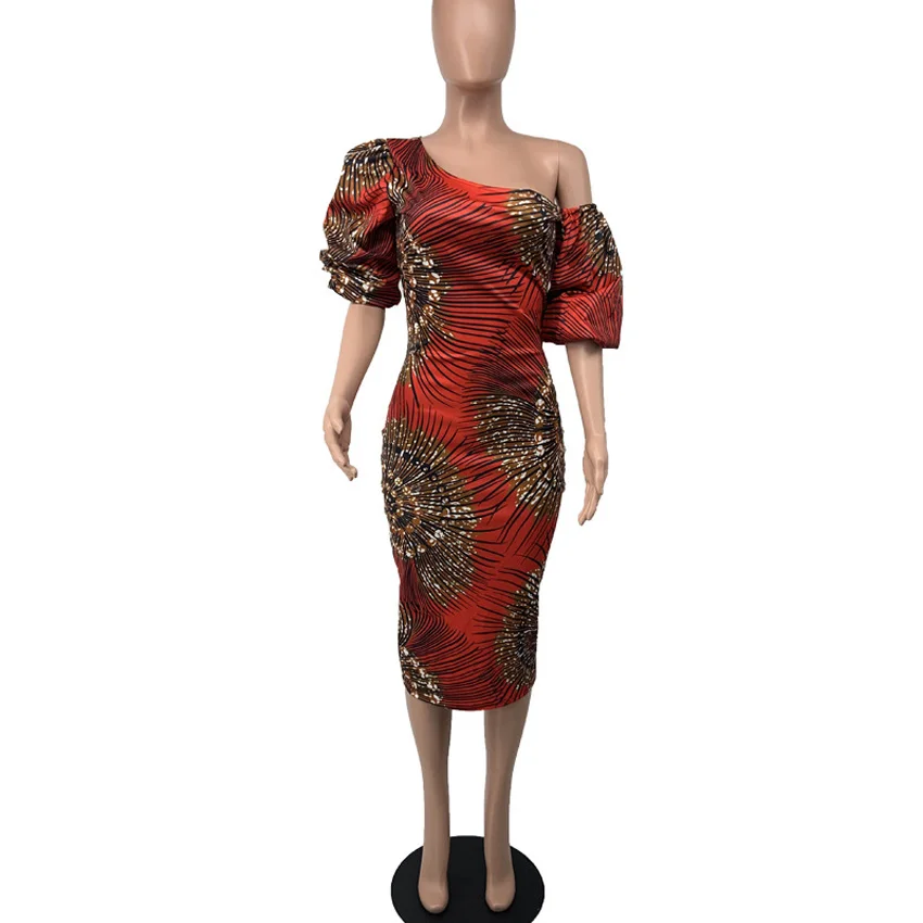 

2021 New African Women Dress Dashiki Print Kanga Maxi Rich Bazin Off Shoulder Slim Sexy Dresses Fashion Summer Outfit Red Skirt