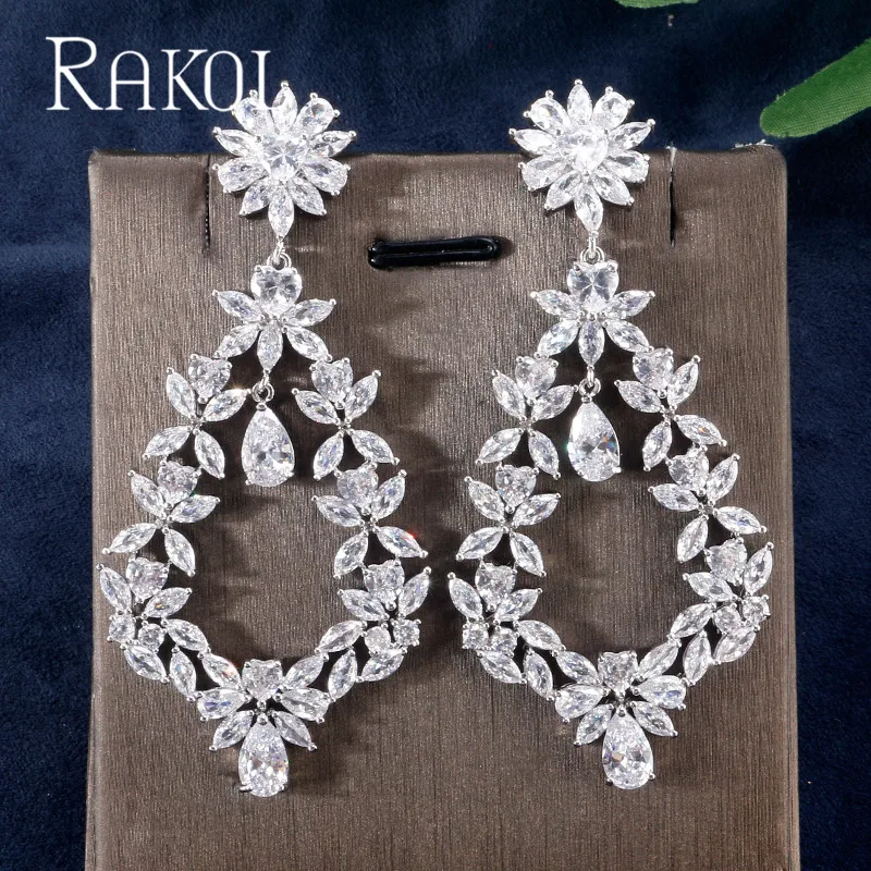 RAKOL Роскошные ААА кубического циркония длинные серьги-подвески с цветочным