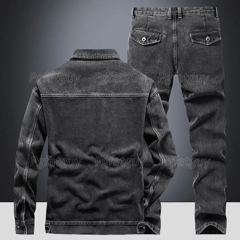 

2021 New Men Casual Slim Black Jacket and Jeans Men's Suits Spring Autumn Men Lapel Long Sleeve Denim Jacket + Jeans 2PCS Set