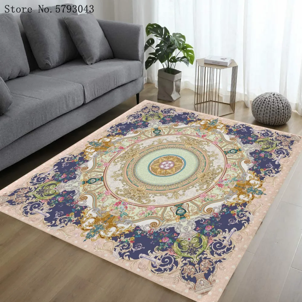 

European Pattern Area Carpet 3D Print Luxury Home Flowers Large Carpet Non-Slip Golden Chain Floor Carpet For Living Room Rug