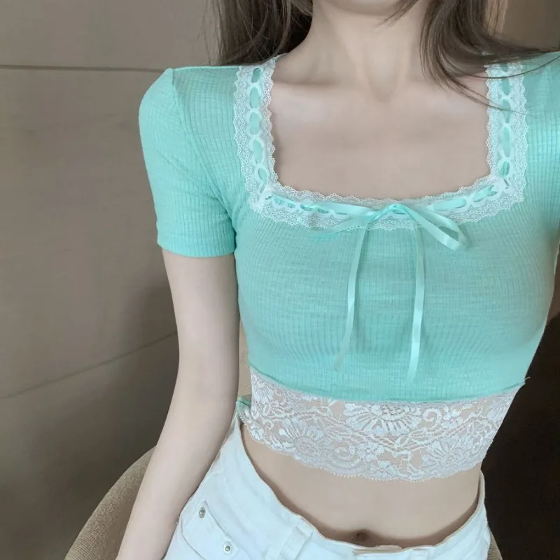 

Sweet and Sexy Knitted Tops Women Summer Square Collar Ribbon Decoration Lace Trim Short Sleeve T-shirt Slim Aesthetic Tee
