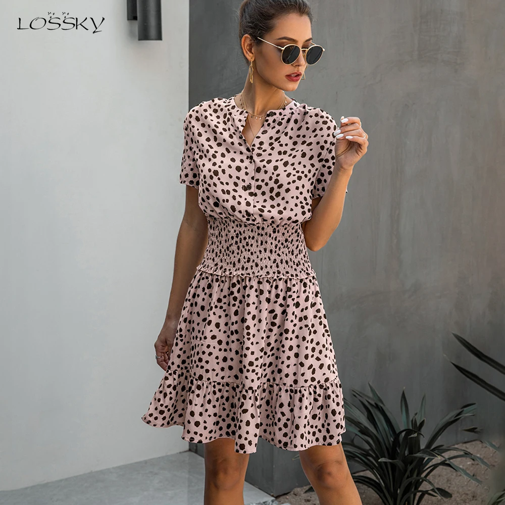 

FAKUNTN Dress Women Leopard Casual Black Summer Ruffle Mini Dresses Buttons Ladies Purple Waisted Fitted Clothing 2020 Womens