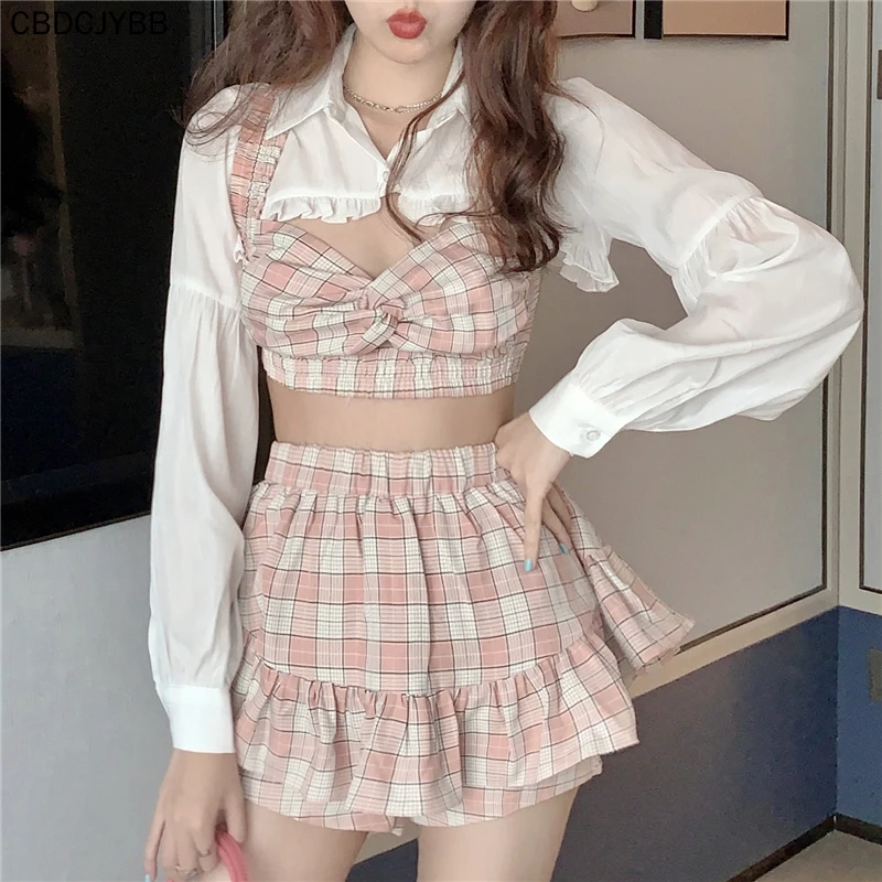 

2021 New Korean Summer Fashion Outfit Sexy Short Ruffles Shirt Plaid Bow Suspender Mini Elastic High Waist Skirt Three-Piece Set