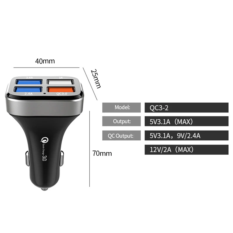QC3.0 автомобильное зарядное устройство 4 USB 2.4A адаптер Быстрая зарядка