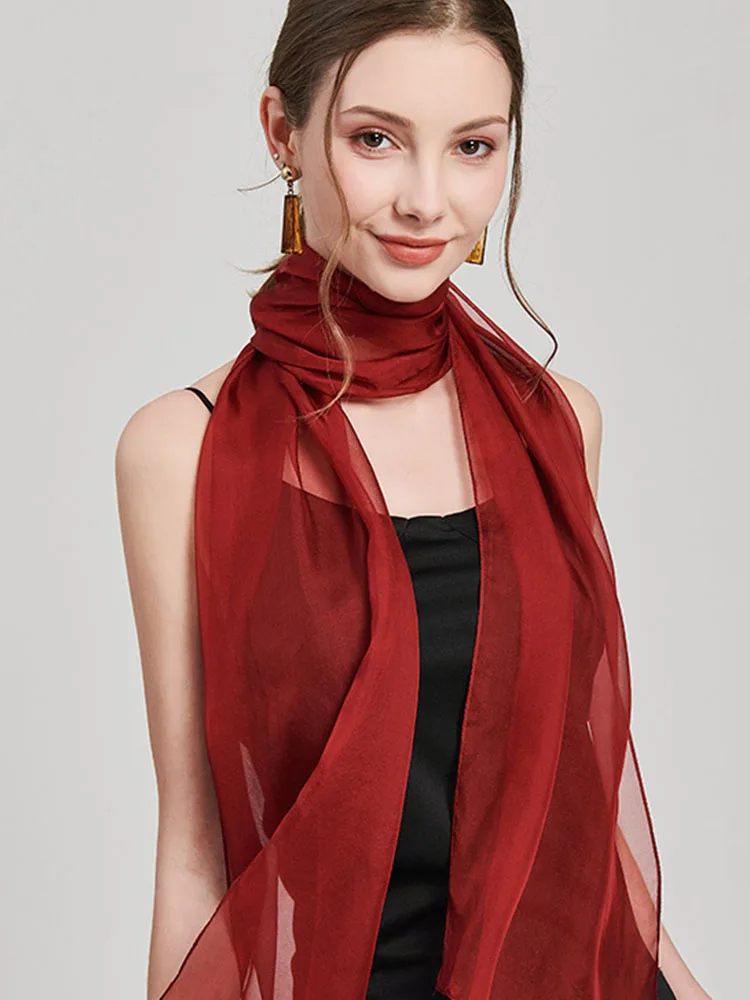 Bufanda de gasa de seda pura para Mujer, pañuelo de cuello largo de color rojo sólido, fina, de verano, 100%