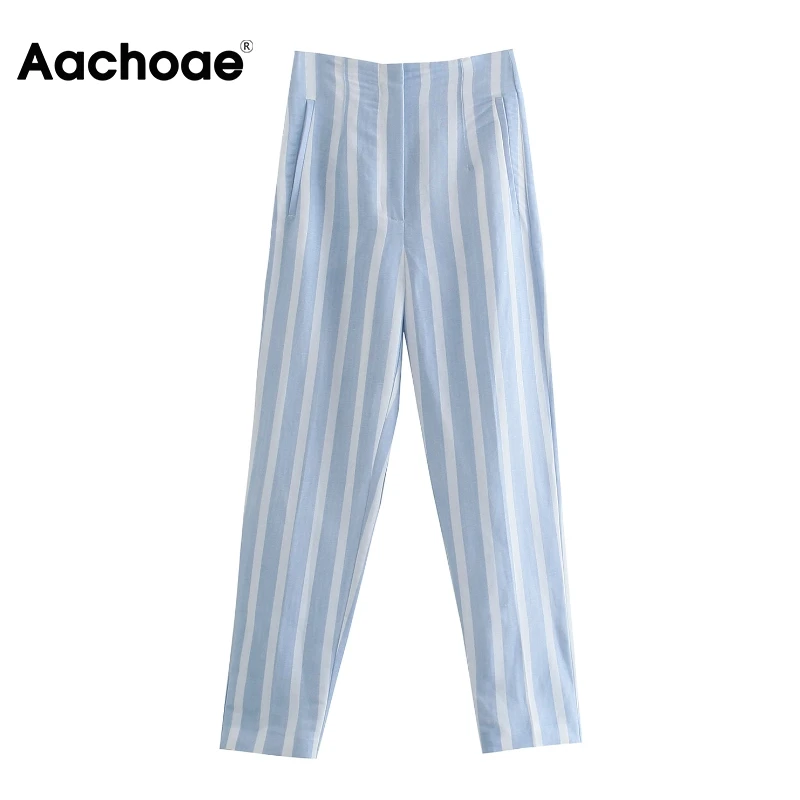 

Aachoae Women Chic Striped Printed Linen Long Pants High Elastic Waist Pockets Straight Pants Female Fashion Casual Pants