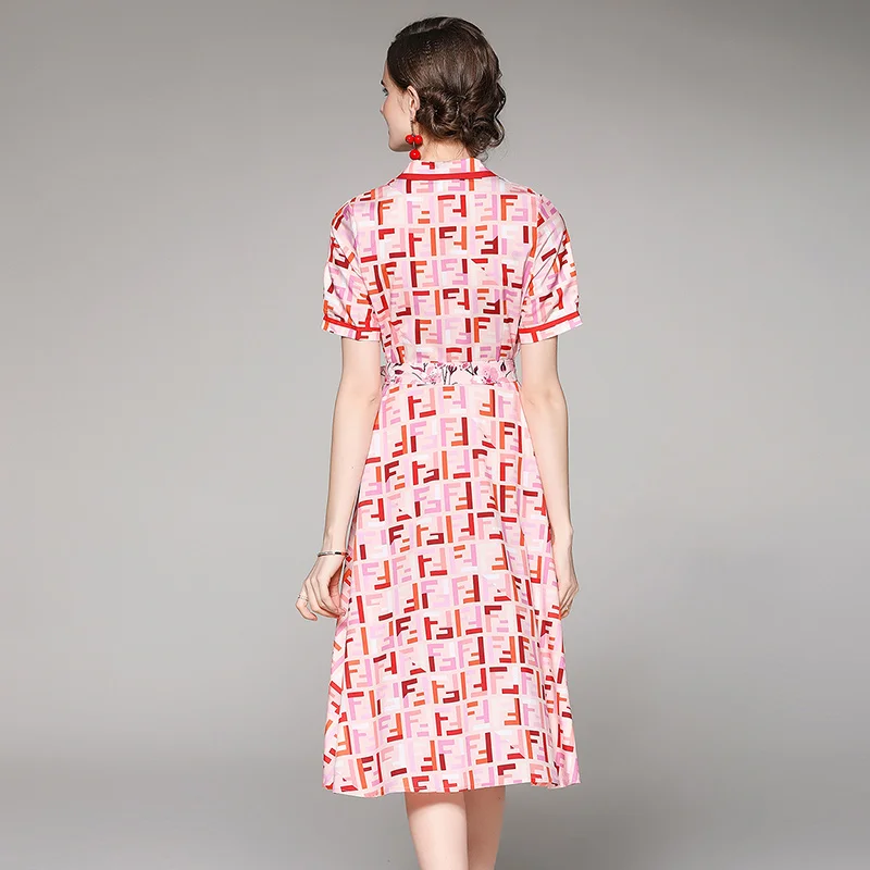 

Fashion dress with floral pattern slimming cardigan printed short sleeve women dress waist slimming temperament A-line skirt