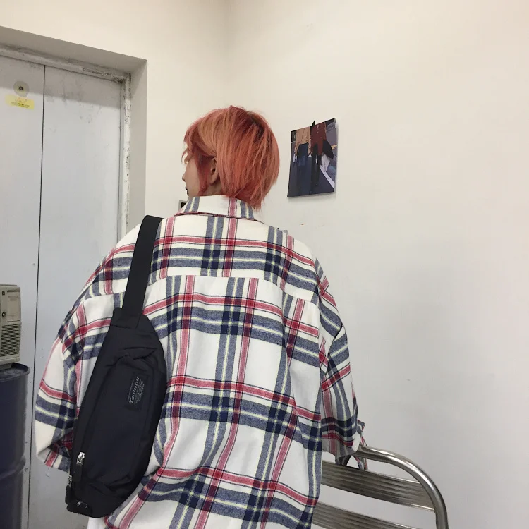 Японская Ретро Клетчатая Мужская рубашка свободная кнопка белая Повседневная