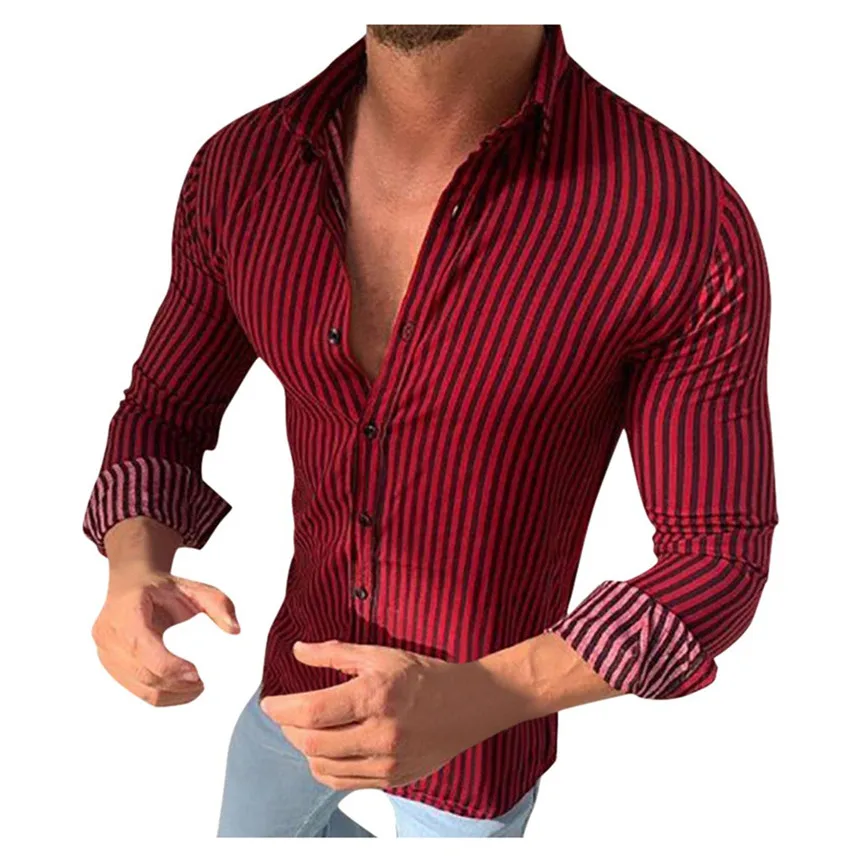 KLV мужские рубашки модные повседневные полосатые тонкие с длинным рукавом блузки
