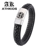 punk black braided leather bracelet men skull steel magnetic buckle leather wristband male bangles jewelry gifts pd0353