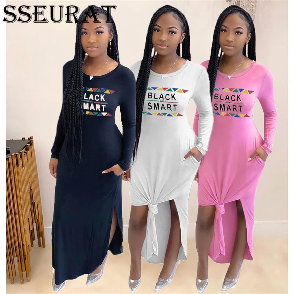 

SSEURAT Women Long Dress Letter Print O-neck Bodycon Midi Dress Sexy Club Party Dresses 2021