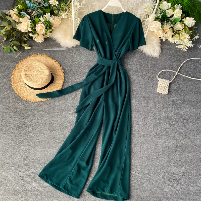 

2020 Solid Spring Bandage Slim Office Rompers V Neck Summer Full Length Jumpsuit Casual Women Elegant Playsuit High Waist Romper