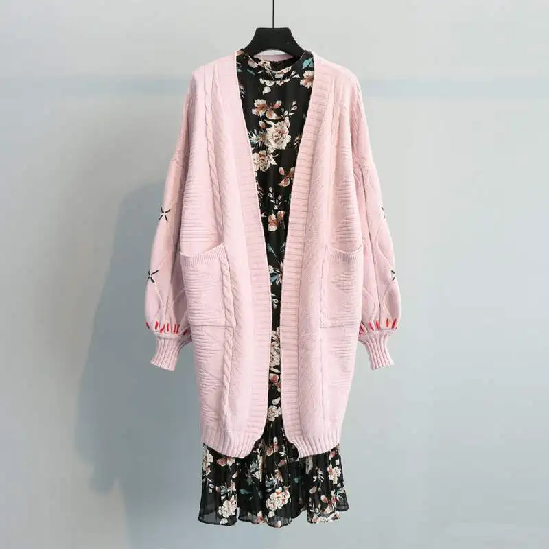 Женский Повседневный Кардиган с карманами розовый свитер длинными рукавами