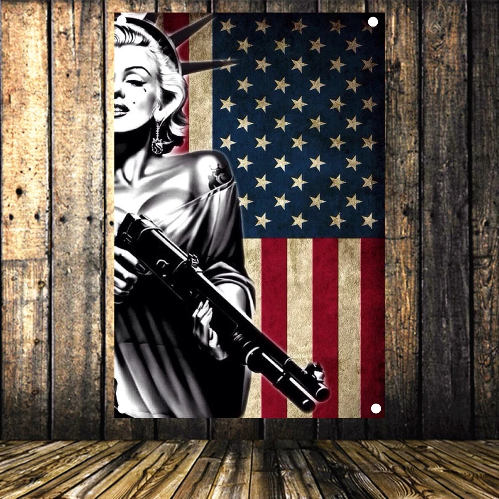 

Statue of Liberty holding a gun Wall Art Canvas Painting Banner Tapestry Marilyn Monroe Poster American Flag for wall Decoration