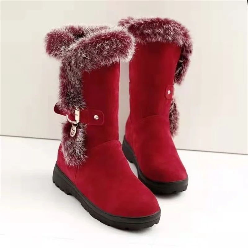 

2021 Women Christmas Shoes Red Snow Boots Winter Round Toe Low Heel Buckle Strap Casual Plush Warm Cotton Shoes Ladies Boots