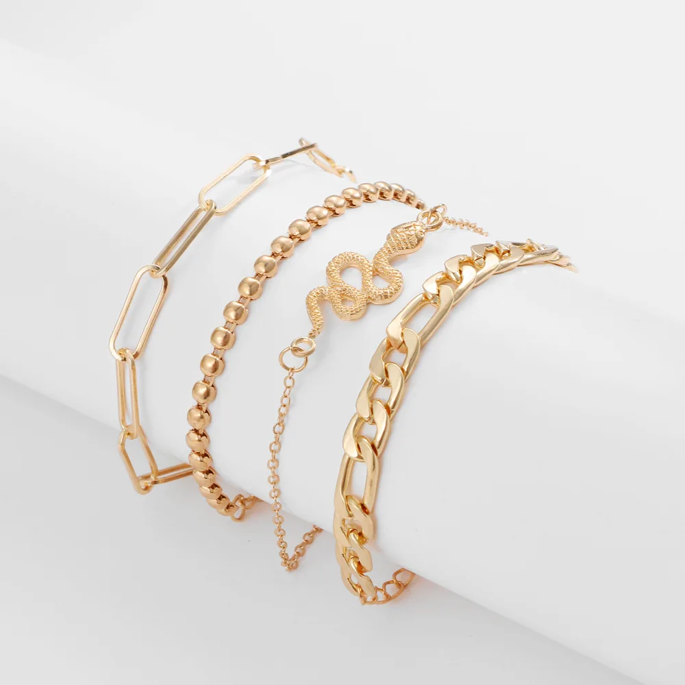 

Golden Snake Metal Chain Anklet Bracelet For Women 4-Piece/Set Creative Multi-Layer Anklet Summer Fashion Jewelry Accessories