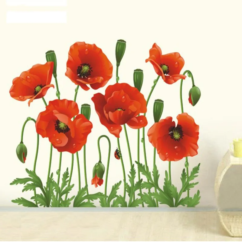 

New Red Poppy Removable Art Waterproof Bedroom Wall Stickers Home Decor Art Flower Vinyl Mural Wall Decals Removable