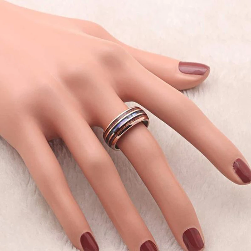 

NEW 8mm Men's Black Rose Gold Tungsten Carbide Rings Hawaiian Koa Wood And Abalone Shell Opal Inlay Ring Wedding Band Jewelry