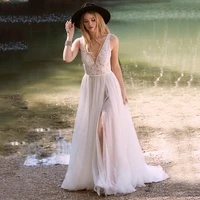 sleeveless v neck appliques lace sash sexy split zipper tulle a line wedding dress 2021 vestido de noiva bridal gown