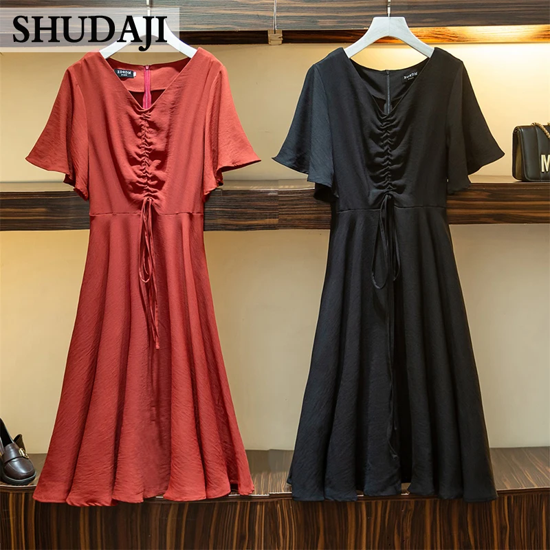 Women's Fat Mm19 Summer Dresses With Rough Waist And Abdomen Flared Sleeves V-neck Long Skirt | Женская одежда