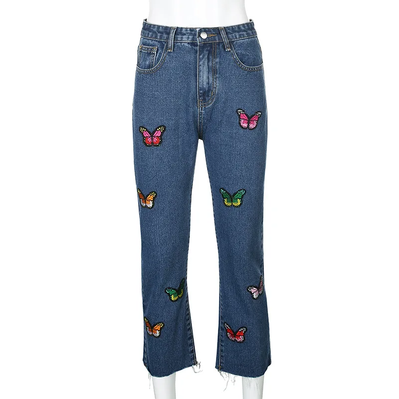 

Newest Fashion Butterfly Embroidery Women Jeans INS Style Lady Girls Blue High Waist Ripped Straight Jeans Casual Jeans 2021
