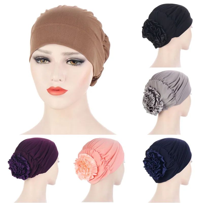 

Multicolor Satin Plate Flower Hat Muslim Inner Hijab Caps Women's Turban Hat Female Head Wraps Underscarf Hat Material Cotton
