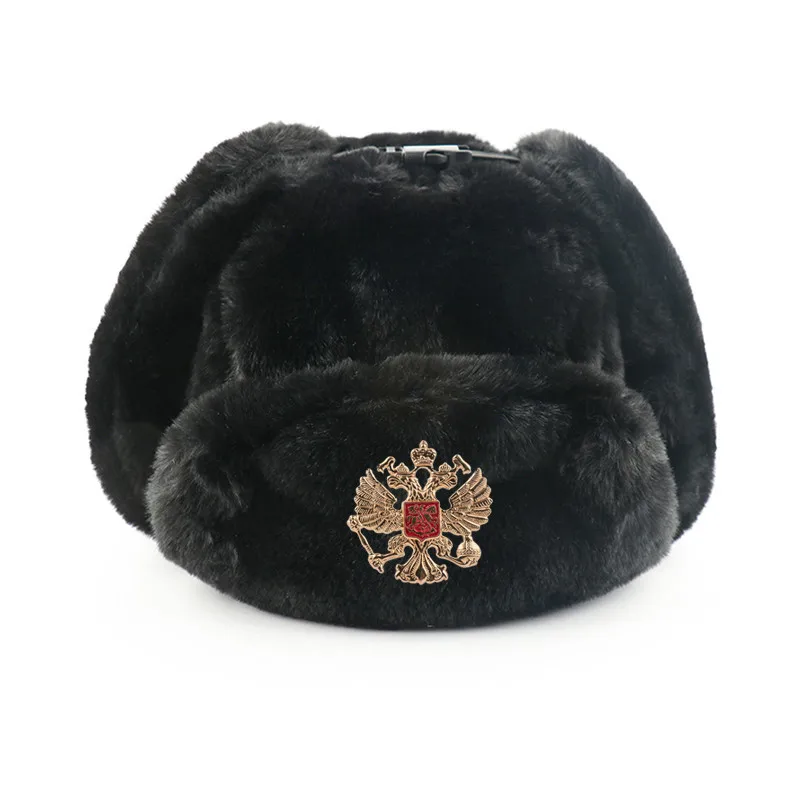 CAMOLAND, Советская шапка охотника, Мужская армейская Военная русская ушанка, шапка-бомбер, зимние теплые шапки пилота из искусственного кроличьего меха, ушанка - Цвет: BK National Emblem