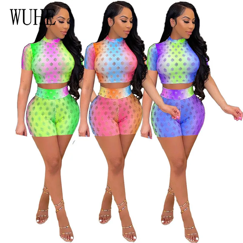 

WUHE полноцветное принтованное 2 комплекта прозрачная круглым вырезом короткий рукав Топ узкие посылка хип брюки для ночного клуба Вечерние ...