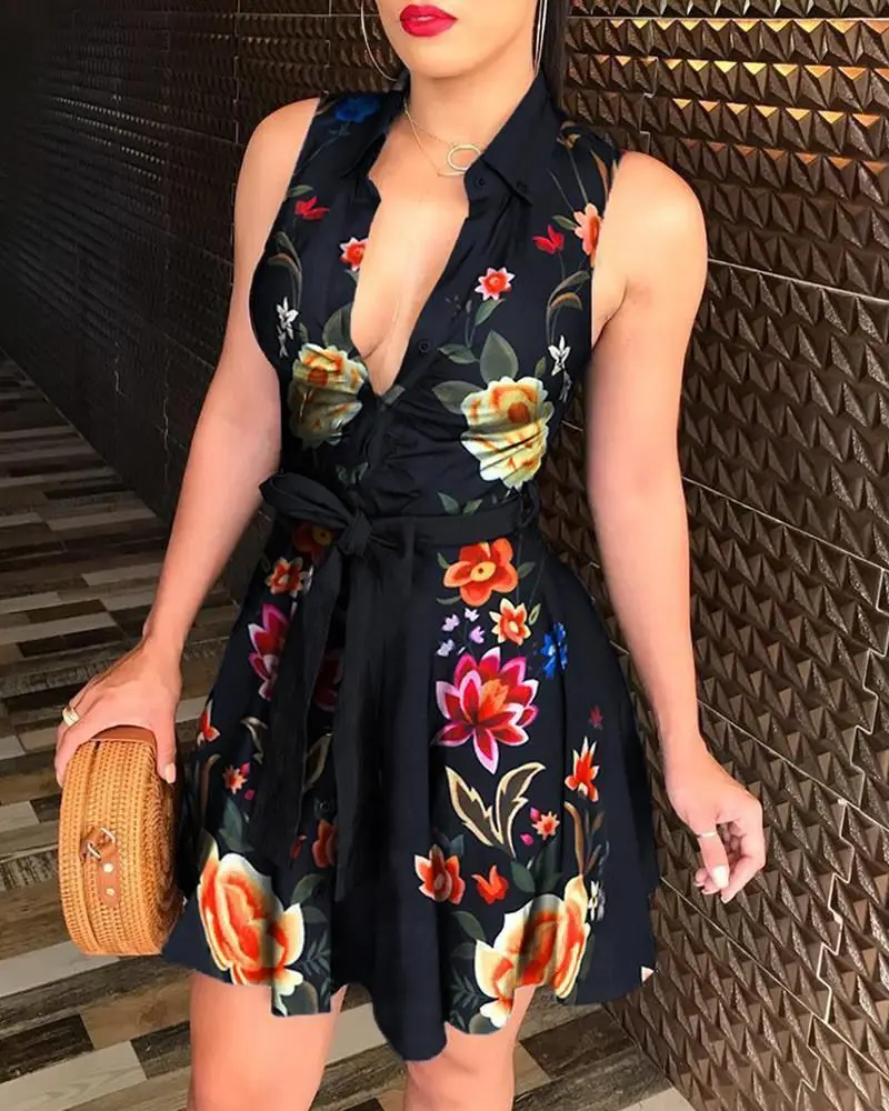 

Donsignet Fashion Women's Dress New Summer Casual V-neck Pullover Strap Waist Sexy Printing Sleeveless Dress Women's Clothing
