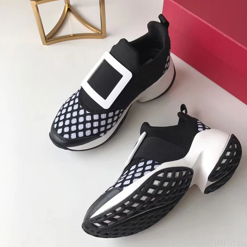

Fashion Crystal Women Sneakers Runway Shoes Woman Squared Buckle Casual Shoes Slip on Sport Platform Shoes Mesh Leather Shoes 40