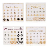 fashion 12 pairset women square crystal heart stud earrings set for women piercing simulated pearl flower earrings jewelry gift