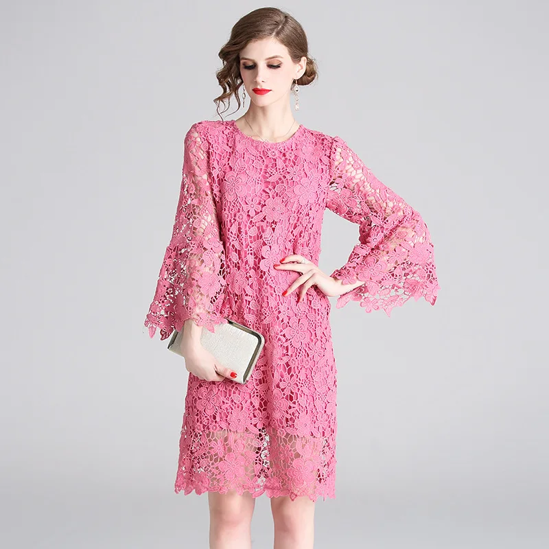 Элегантное кружевное платье женское летнее Повседневное розового цвета с
